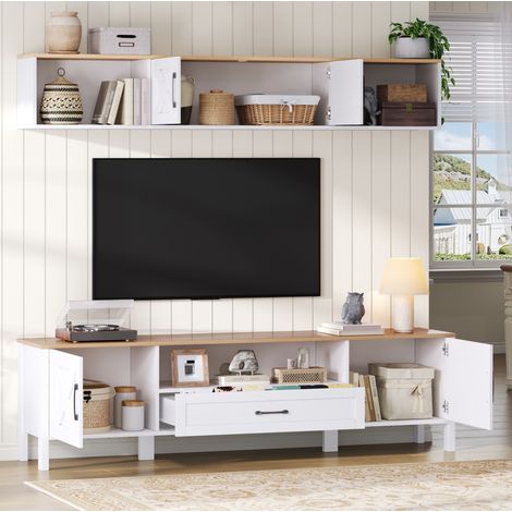 REDOM - Mobile TV 180x40x50 cm, con pensile, 4 ante e 1 cassetto, in MDF bianco (1/5)