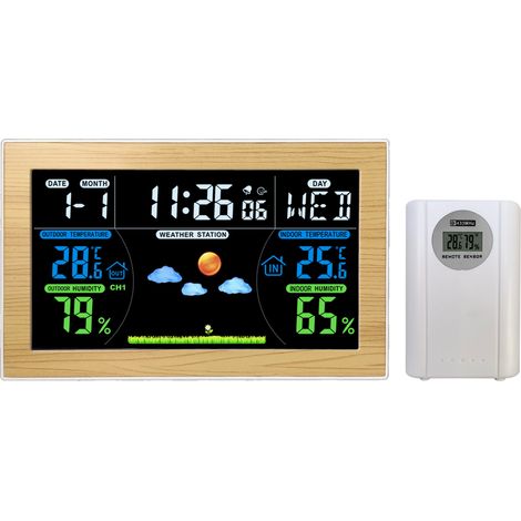 Wetterstation Indoor/Outdoor, Farb-LCD-Anzeige Digitales Wetterthermometer mit Jahresuhr für Garage Lagerraum