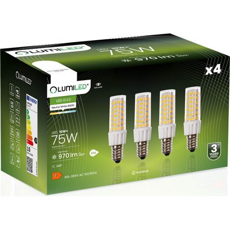 4 bombillas LED E14 tubulares T25 10W = 75W 970lm 4000K Neutro 320° lumiled (1/5)