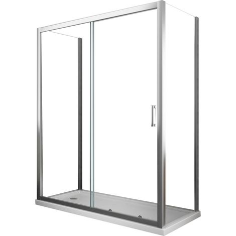 U-förmige Duschkabine, drei Seiten mit zwei festen Wänden und einer Schiebetür, 6 mm Glas, H 190, Abmessungen der festen Wände 67,5-70 x Abmessungen der Tür 100