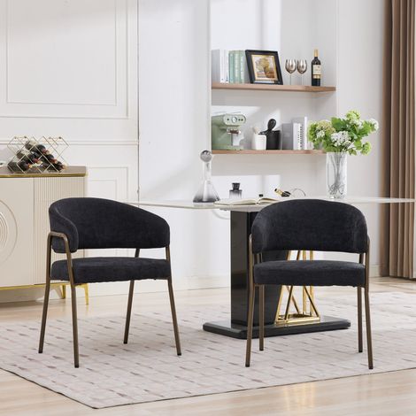 REDOM - Set di 2 sedia da sala da pranzo in ciniglia nera con braccioli, gambe in metallo finitura ottone antico (1/5)