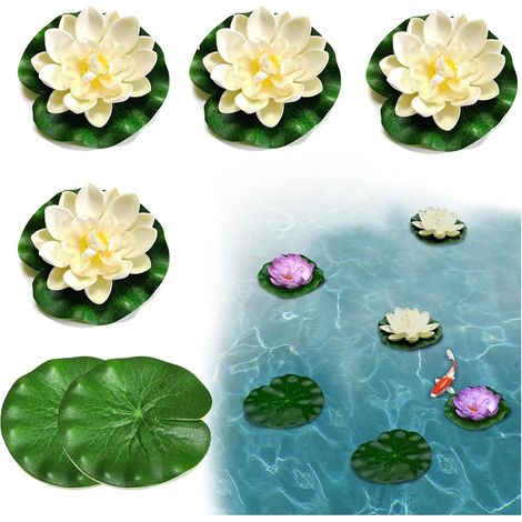 Lot de 6 Nénuphar, EVA, Flottant, Réaliste, Blanc Crème, 10 cm, Étang Aquarium Jardin (1/5)