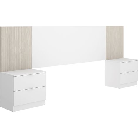 Ensemble de Tête de lit avec 2 tables de chevet de 2 tiroirs coloris imitation lamelles, blanc - Longueur 258 x Profondeur 34 x Hauteur 96 cm (1/5)