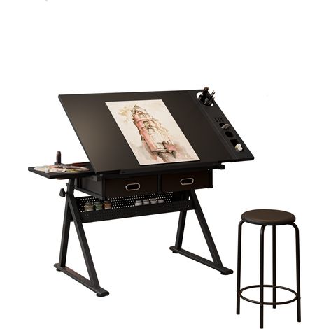 Tavolo da disegno regolabile con 2 cassetti e sgabello nero HOMVRA (1/5)