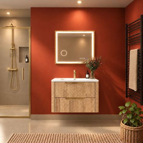 Meuble salle de bain CANELLO 80 cm avec miroir CARA doré - Chêne cannelé (1/5)