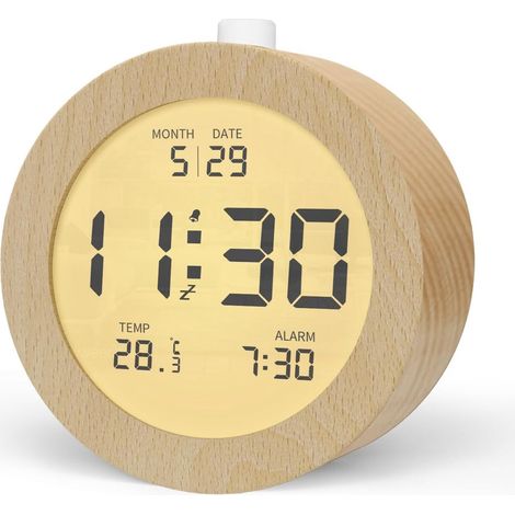 Radio-réveil numérique Sander Shop, Wekker de chevet en bois, rétroéclairage LCD, affichage de la température, fonction snooze, 3 Piles AAA , Klok ronde pour chambre, bureau