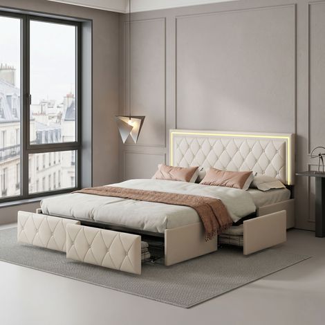 Comanlai - Lit double capitonné 160 x 200 cm avec Sommier LED, Lit Coffre 140x200 avec 4 Tiroirs et Tête de lit réglable en hauteur, Lit Rembourré Lit 2 Personnes, PU (Beige, 160x200 cm) (1/5)