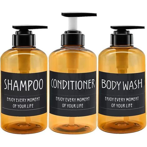 Set mit 3 x 300 ml Pump-Shampoo-Flaschen, leerer brauner Seifenspender aus Kunststoff mit Pumpe für Bad, Küche oder Hotel, nachfüllbarer Flüssigkeitsspender (1/5)
