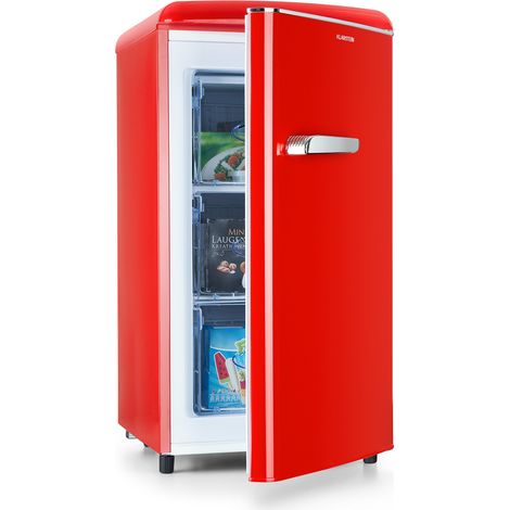 Klarstein Laika Gefrierschrank - 60 Liter Gesamtvolumen, Thermostat mit 5 Stufen, 0 bis -18 °C, 3 Einschübe, freistehend, Retro-Design, rot