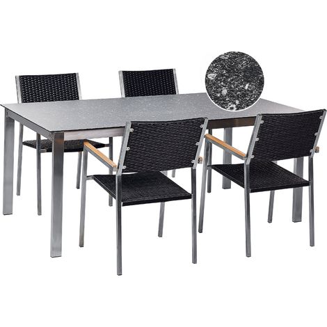 Conjunto de jardín moderno 4 plazas de acero inoxidable mesa comedor tablero de vidrio sillas de ratán efecto granito negro Cosoleto/Grosseto (1/5)