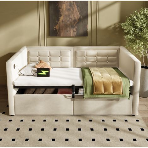 Schlafsofa Samt Beige 90x200 cm mit hydraulischem Stauraum, USB & Type-C, inklusive Lattenrost (1/5)