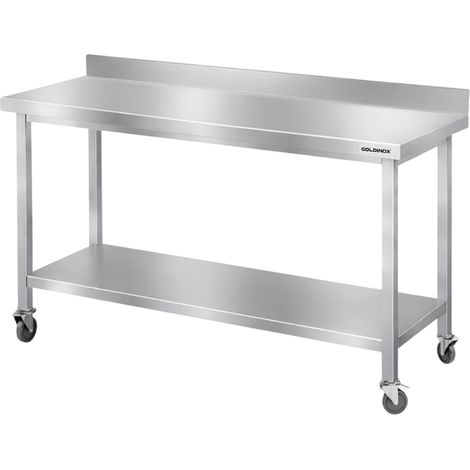 Table de travail en inox Bar 1400x500 mm avec 1 étagère inférieure et dosseret sur roulettes PREMIUM - GOLDINOX (1/2)