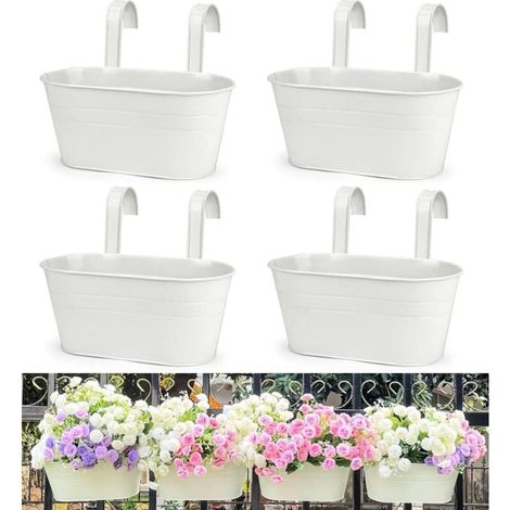 4er-Set hängende Blumentöpfe aus Metall, 27,5 cm große Pflanzgefäße, Hängeblumenkübel mit abnehmbarem Haken für Balkon, Zaun, Garten, Heimdekoration (Weiß)