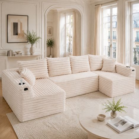 Canapé modulable en U 320/155/88 cm en velours côtelé beige avec porte-gobelet et poche latérale (1/5)