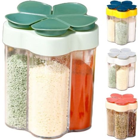 Lot de 4 distributeurs vides à épices, sel et poivre, 5 compartiments, avec trous, pots transparents pour le voyage, idéaux pour la maison, le restaurant, la cuisine et les grillades. (1/5)