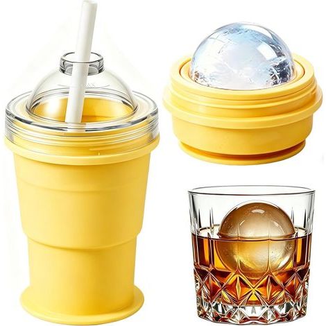 Ortviai Gobelet à Glaçons 2-en-1 en Silicone - Moule à Boule de Glace (6cm) et Verre à Boire Portable avec Paille - Idéal pour Cocktails, Whisky, Bière et Vin - Écologique et Sans BPA - Jaune Fromage (1/5)