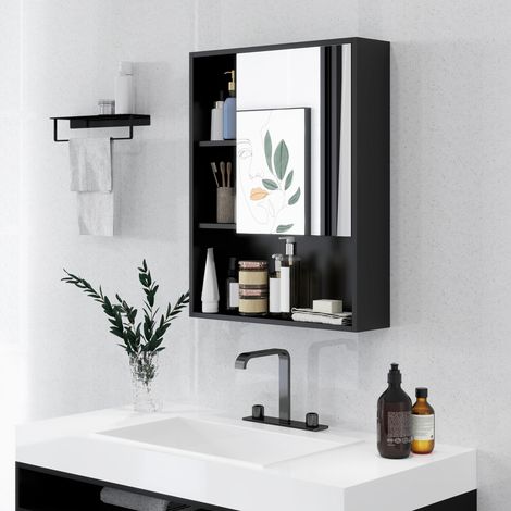 Miroir de salle de bain avec étagères ajustables, armoire murale porte gain de place, rangement mural noir 60x15x76 cm (1/5)