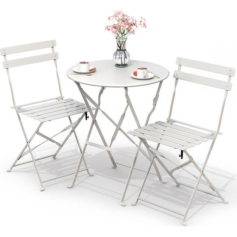 Vounot – Ensemble bistro extérieur 3 pièces – 1 table pliante 70x60cm – 2 chaises confortables – Acier résistant aux UV et à l'eau
