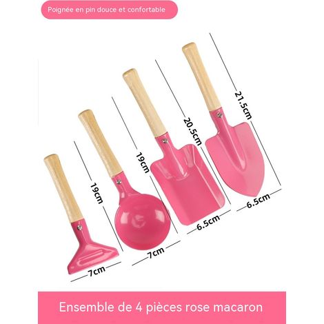 Ensemble d'outils de jardinage pour enfants 4 pièces, outils colorés avec manche en bois, pelles + râteau, parfaits pour enfants, jardin et plage-rose