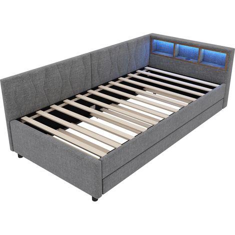CAIziLit de jour 90x200cm, canapé-lit, compartiment de rangement au chevet, USB+Type C, avec bande LED, lit avec lit gigogne, lit avec sommier à lattes (sans matelas), lin, gris (1/5)