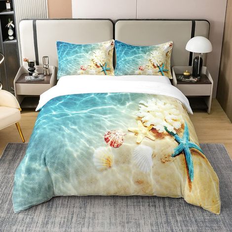 Housse de couette 220 x 240 cm 100 % coton délavé, motif océan, thème nature, bleu sarcelle, housse de couette hawaïenne, housse de couette pour fille, motif vague de mer et étoiles de mer (1/5)