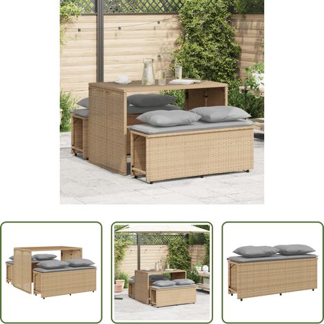 Gartenbank - 3-tlg. Garten-Essgruppe mit Kissen Beige Poly Rattan (1/5)