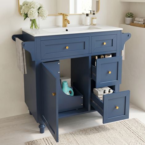 URBAN MEUBLE Meuble de Salle de Bain avec Vasque Céramique, Tiroirs et Porte-Serviettes (robinet non inclus)
