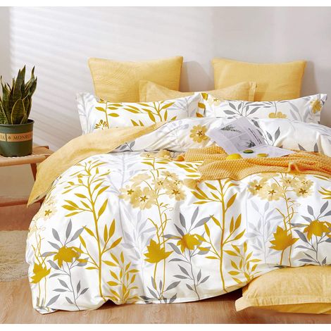 Housse de Couette réversible en Coton à 600 Fils pour lit Queen Size, Feuilles Blanches, Branches Grises et Fleurs Jaunes (1/5)