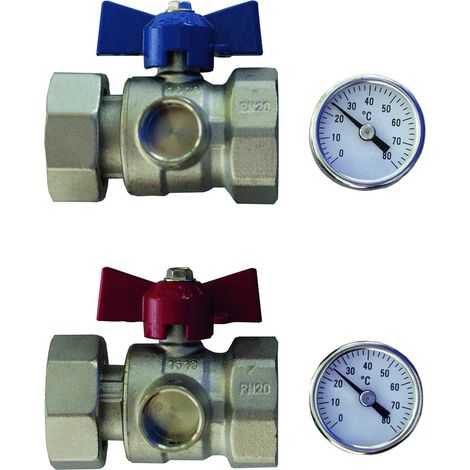 SCHÜTZ Set de válvulas de esfera con termómetro niquelado, 1" H / 1" H, 5004132