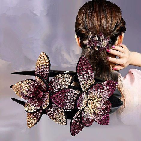 rhinestone Flower Clip - Violet, Design Dlicat, Pince Cheveux De Haute Qualit, Tte De Diamant Scintillante L'arrire De La Tte, Fixez Les Cheveux (1/4)