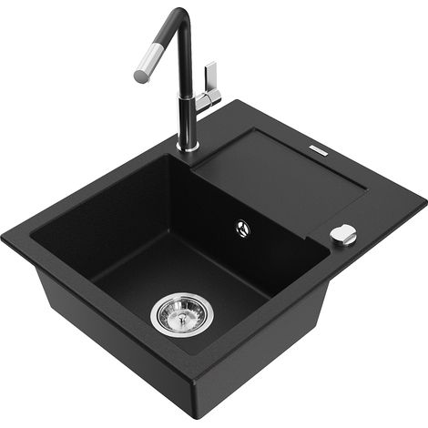 Mexen Enzo évier en granit 1 bac avec égouttoir et robinet de cuisine Flora, noir - 6506-77-670401-07 (1/5)