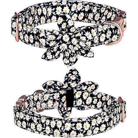 Collier pour chien ajustable et résistant avec nœud papillon. Collier imprimé pour animaux, motif floral noir, taille M. (1/4)