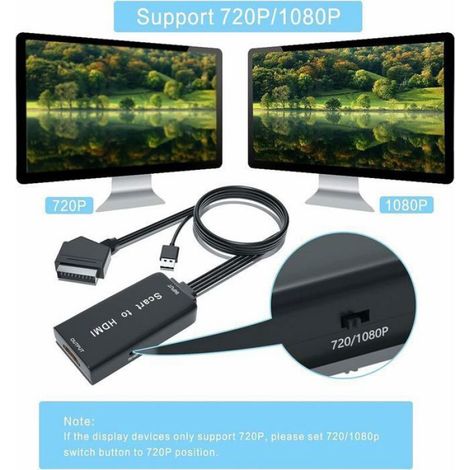 Adaptateur Péritel HDMI avec Câbles, Convertisseur 720/1080P, Pour VHS Sky Blu-Ray PS3 DVD (1/5)