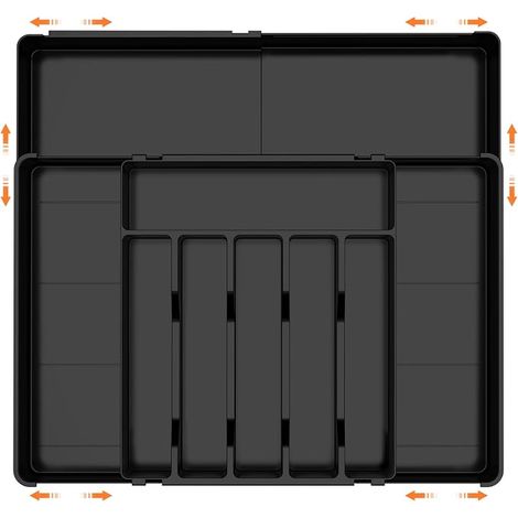 Range Couverts pour Tiroir,6-9 Compartiments,Plateau d'Ustensiles Extensible pour Tiroir,36.5cm-54cm,pour Cuillères Fourchettes Couteaux Vaisselle,Robuste,Facile nettoyer,Noir (1/5)