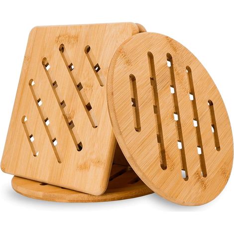 Untersetzer aus natürlichem Bambus, 4er-Set rutschfeste, hitzebeständige Untersetzer für heiße Speisen, Töpfe und Pfannen – große quadratische und runde Untersetzer (20 cm) (1/5)