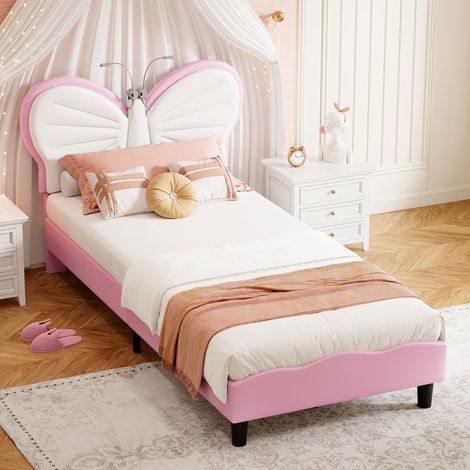 Lit simple 90x190 cm, tête de lit en forme de papillon, réglable en hauteur, avec Éclairage LED de Lecture, sommier à lattes, lit capitonné pour enfant en velours - Rose