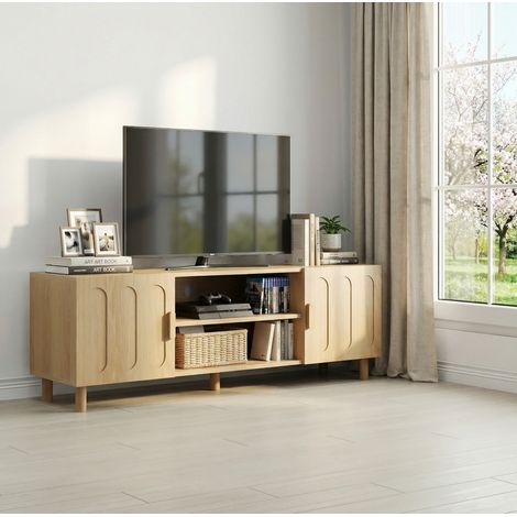 Mobile TV 160x40x60 cm noce in MDF con 2 cassetti e 2 ante scorrevoli in rattan sintetico (1/5)