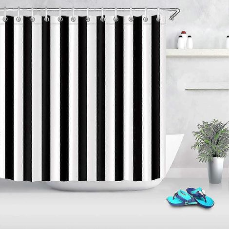 Rideau de douche imperméable à rayures noires et blanches en polyester, 180 x 180 cm, avec crochets de fixation. Décoration de salle de bain.