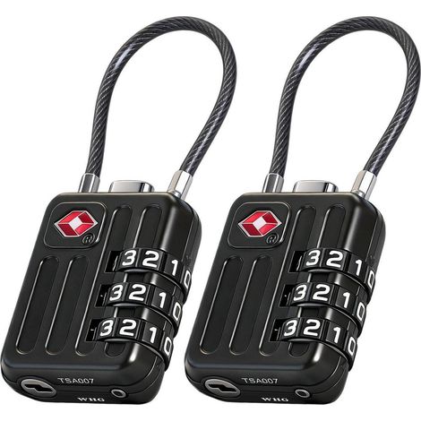TSA Serrure de valise Lot de 2, Serrure à combinaison 3 chiffres avec câble, Noir