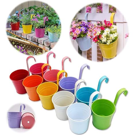 Grand Pot de Fleurs en métal avec Trou de Drainage, Crochet Amovible (10 pièces avec 10 Couleurs Assorties) (1/5)