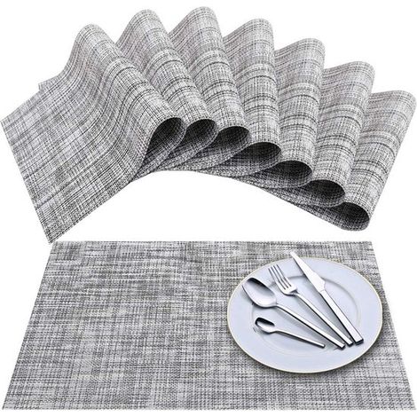 Manteles individuales, Mantel individual antideslizante, Posavasos, Manteles individuales de plástico, 6 piezas, 45 x 30 cm, blanco, gris (1/5)
