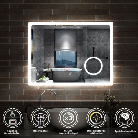 Badspiegel mit Beleuchtung Badezimmerspiegel Wandspiegel Anti-Beschlag Wasserdicht Wandmontagespiegel Lichtspiegel 80 x 60 cm Beschlagfrei+Kosmetikspiegel+3 Farben Dimmbar+LED Memory Funktion