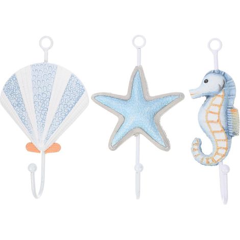 Lot de 3 crochets muraux décoratifs sur le thème de la plage, avec porte-serviettes, pour salle de bain, chambre et salon (étoiles de mer, coquilles Saint-Jacques, hippocampes).-17.00X10.00X5.00CM