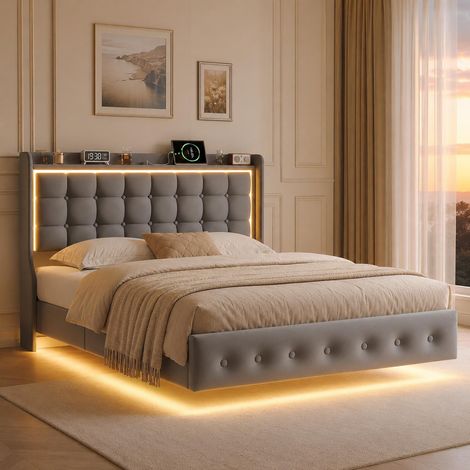 Lit adulte suspendu 140x200 cm, lit avec LED RGB et chargement sans fil USB, Tête de lit capitonnée en velours avec étagère de rangement, Gris (1/5)