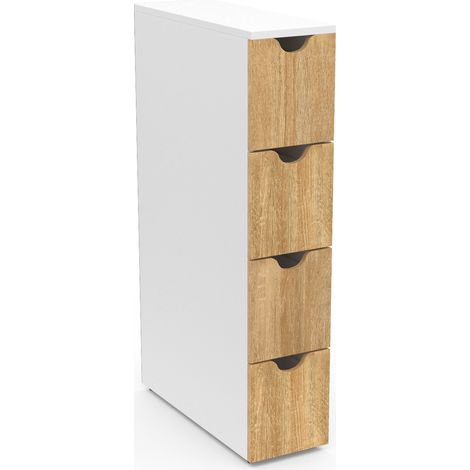 Idmarket – Colonne de cuisine sur roulettes 4 tiroirs – Dimensions L.17 x H.80 cm – Panneaux de particules blanc et façon hêtre – Gain de place