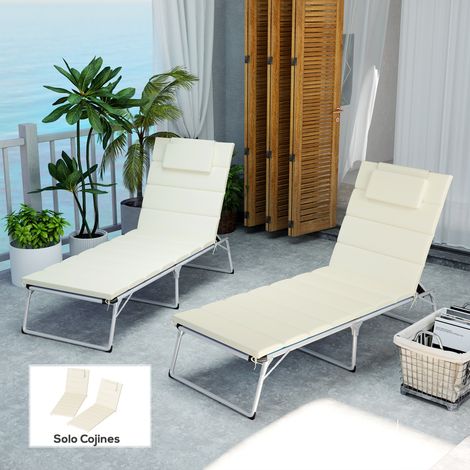 Confezione da 2 cuscini per lettini prendisole pieghevoli 203x66x3 cm con poggiatesta e cinghie di fissaggio, colore crema. (1/5)