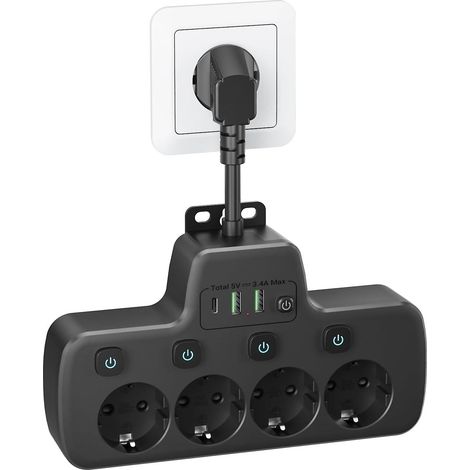 Multiprise avec interrupteur individuel, 4 prises et 3 ports USB-C, protection contre les surtensions. (1/4)