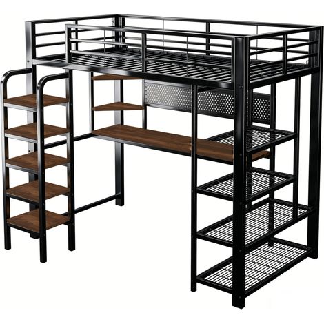 Metall-Hochbett 90 x 200 cm schwarz mit Schreibtisch, LED und Regalen (1/5)