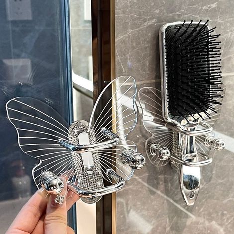 Support à peigne papillon transparent avec strass, organisateur mural pour pinceaux de salle de bain, exposition de bijoux, rangement d'accessoires capillaires (avec foret) (1/5)