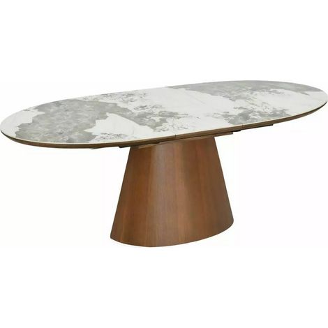 Table ovale extensible en céramique marbre et pied bois – 160-200 cm Liam (1/5)